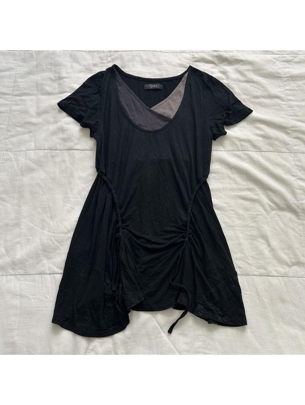 Sixh. Black Layered Asymmetric Ruched Drawstring Tunic Top Japanese Fashion